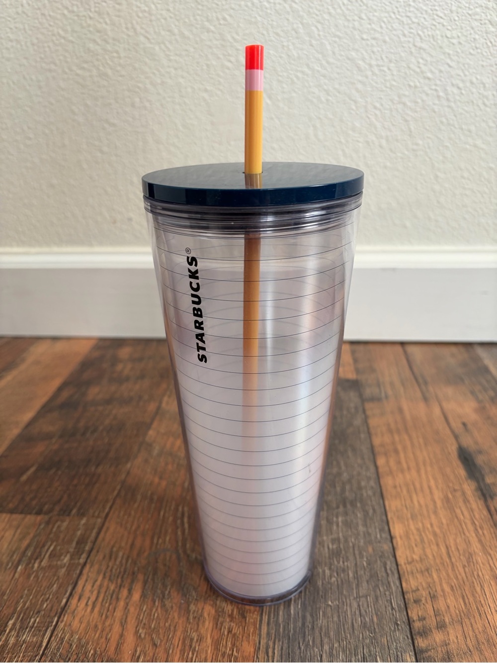 Starbucks Clear Tumbler with Navy Lid and Yellow Pencil Straw